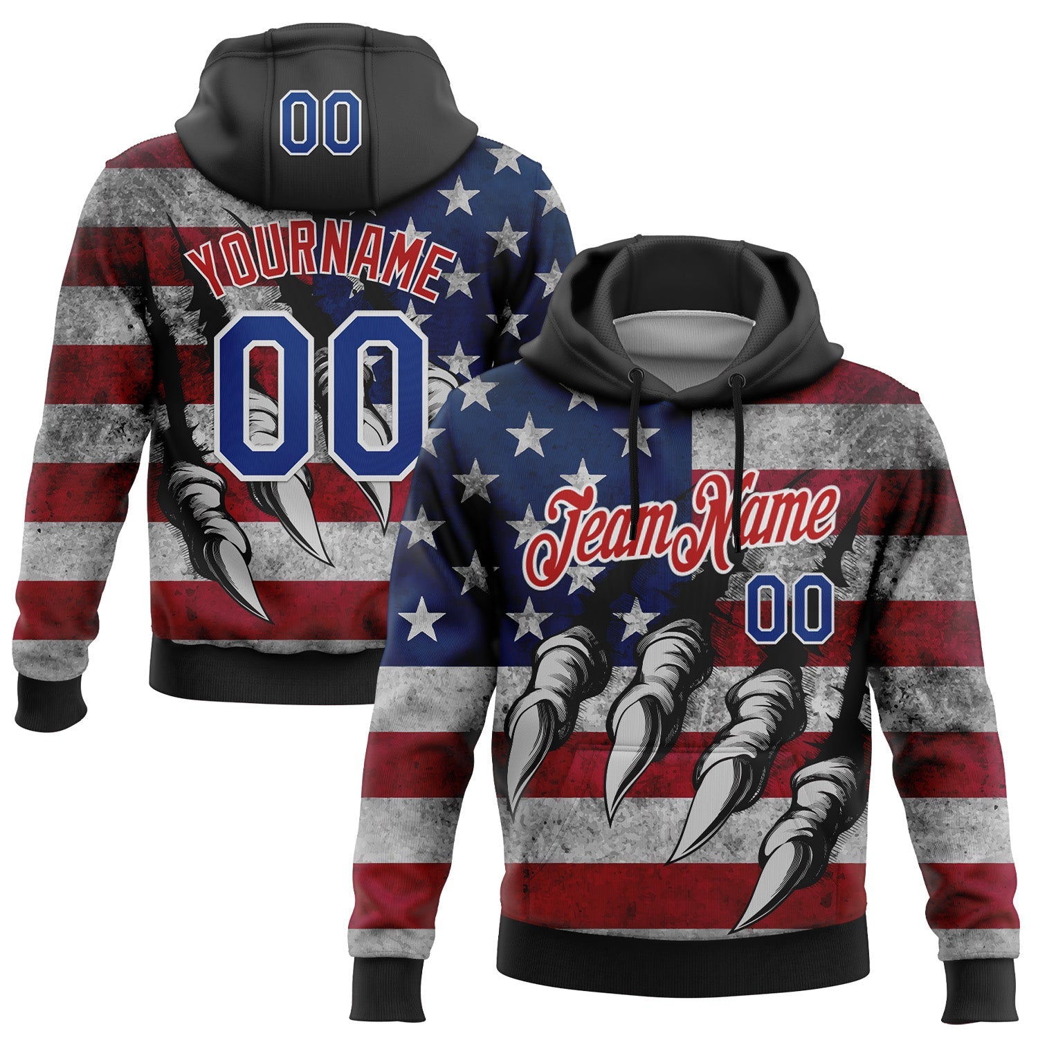 Custom Stitched Black Royal Red-White 3D American Flag Retro Distressed Grunge Sports Pullover Sweatshirt Hoodie - Main View
