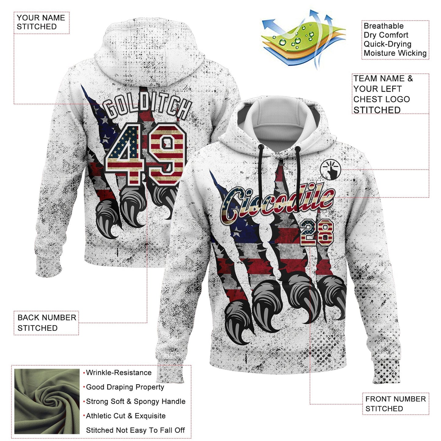 Custom Stitched White Vintage USA Flag-Black 3D American Flag Retro Distressed Grunge Sports Pullover Sweatshirt Hoodie view 2