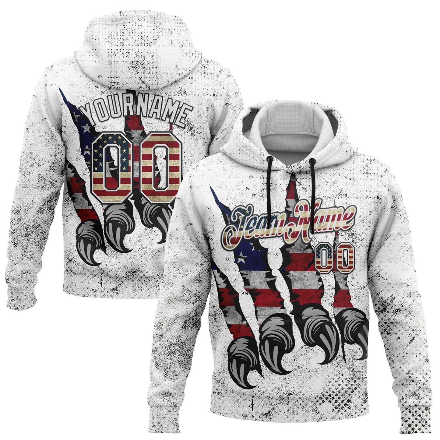 Custom Stitched White Vintage USA Flag-Black 3D American Flag Retro Distressed Grunge Sports Pullover Sweatshirt Hoodie - Main View