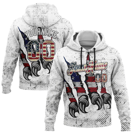 Custom Stitched White Vintage USA Flag-Black 3D American Flag Retro Distressed Grunge Sports Pullover Sweatshirt Hoodie - Main View