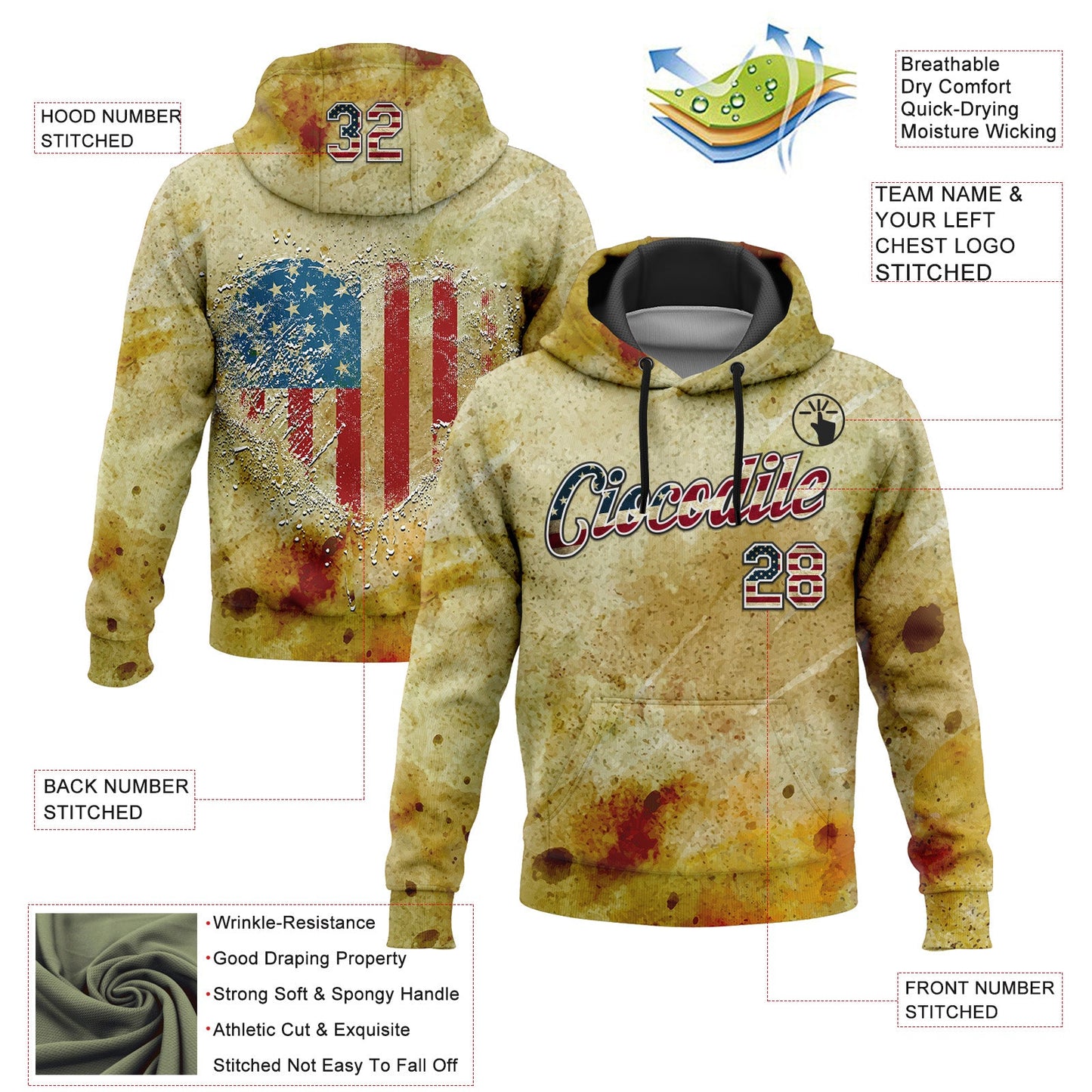 Custom Stitched Yellow Vintage USA Flag Black-White 3D American Flag Heart Retro Distressed Grunge Sports Pullover Sweatshirt Hoodie view 2