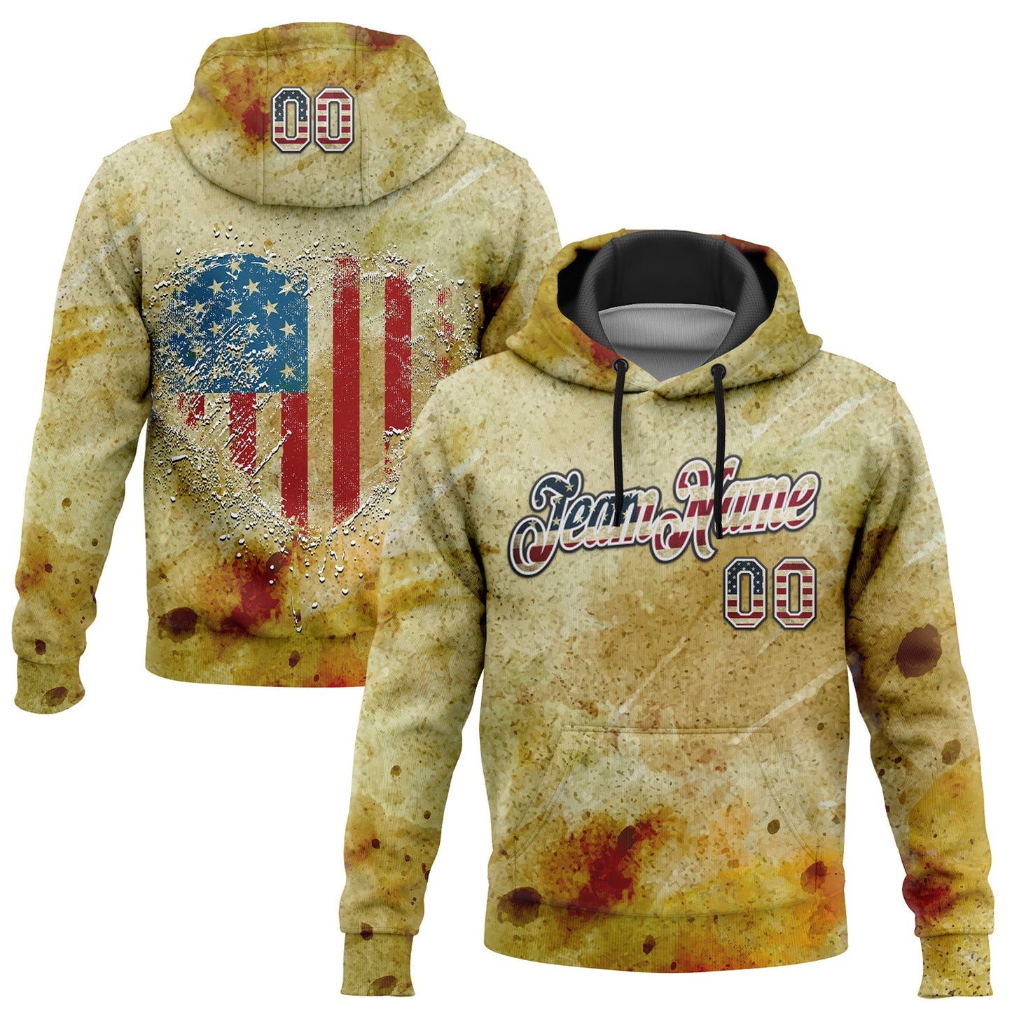 Custom Stitched Yellow Vintage USA Flag Black-White 3D American Flag Heart Retro Distressed Grunge Sports Pullover Sweatshirt Hoodie - Main View
