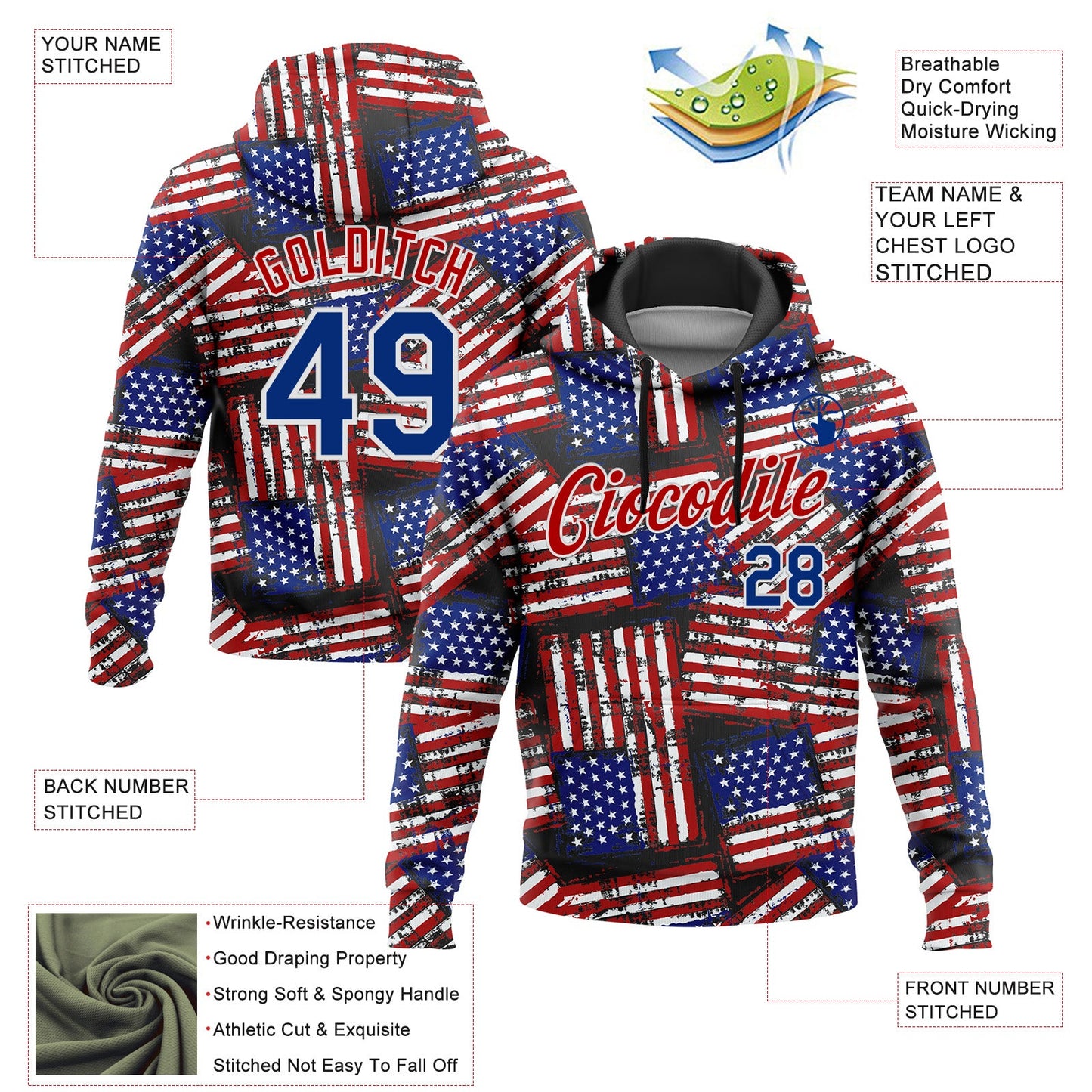 Custom Stitched Black Royal Red-White 3D American Flag Retro Distressed Grunge Sports Pullover Sweatshirt Hoodie view 2