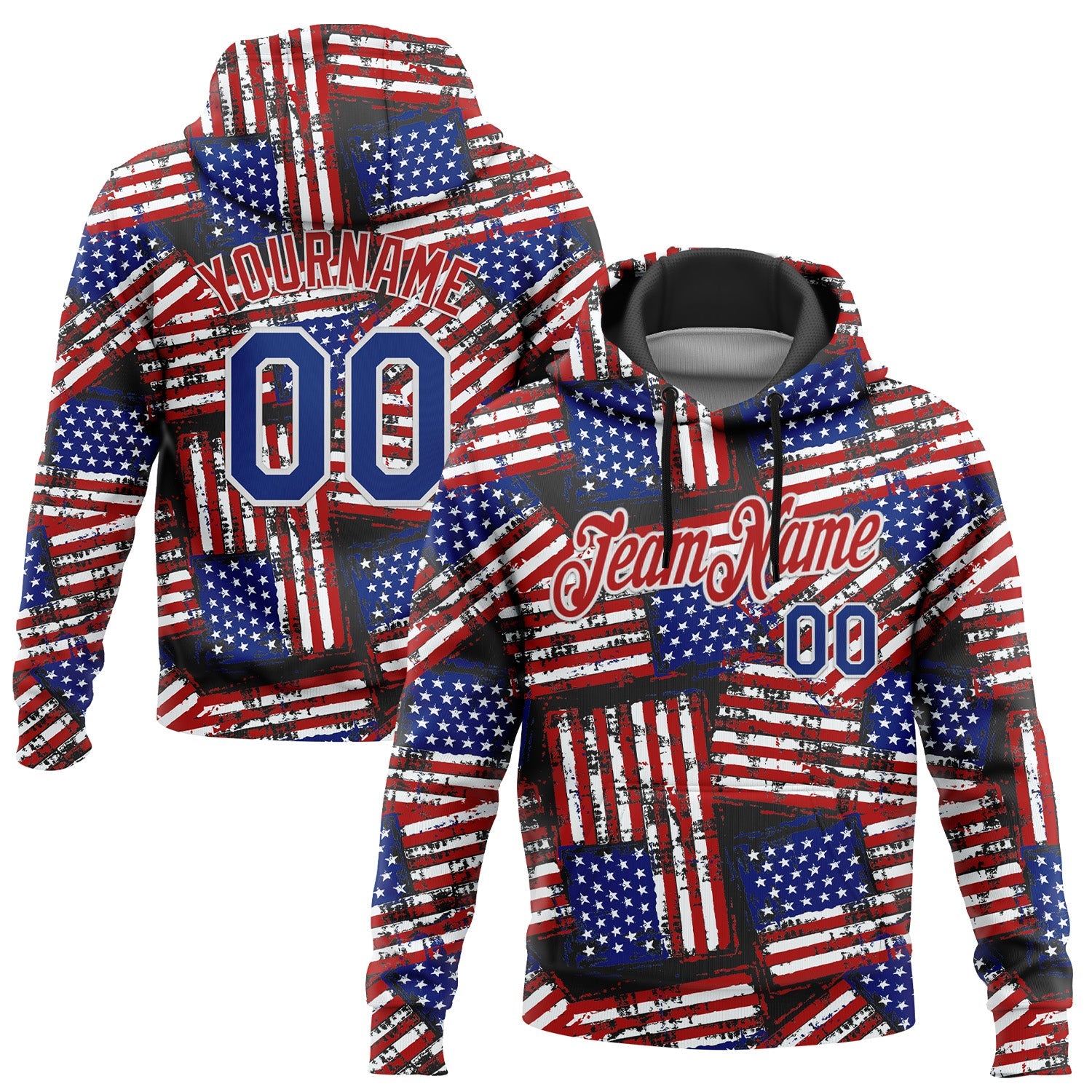 Custom Stitched Black Royal Red-White 3D American Flag Retro Distressed Grunge Sports Pullover Sweatshirt Hoodie - Main View