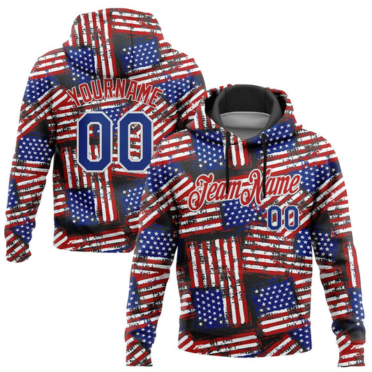 Custom Stitched Black Royal Red-White 3D American Flag Retro Distressed Grunge Sports Pullover Sweatshirt Hoodie - Main View