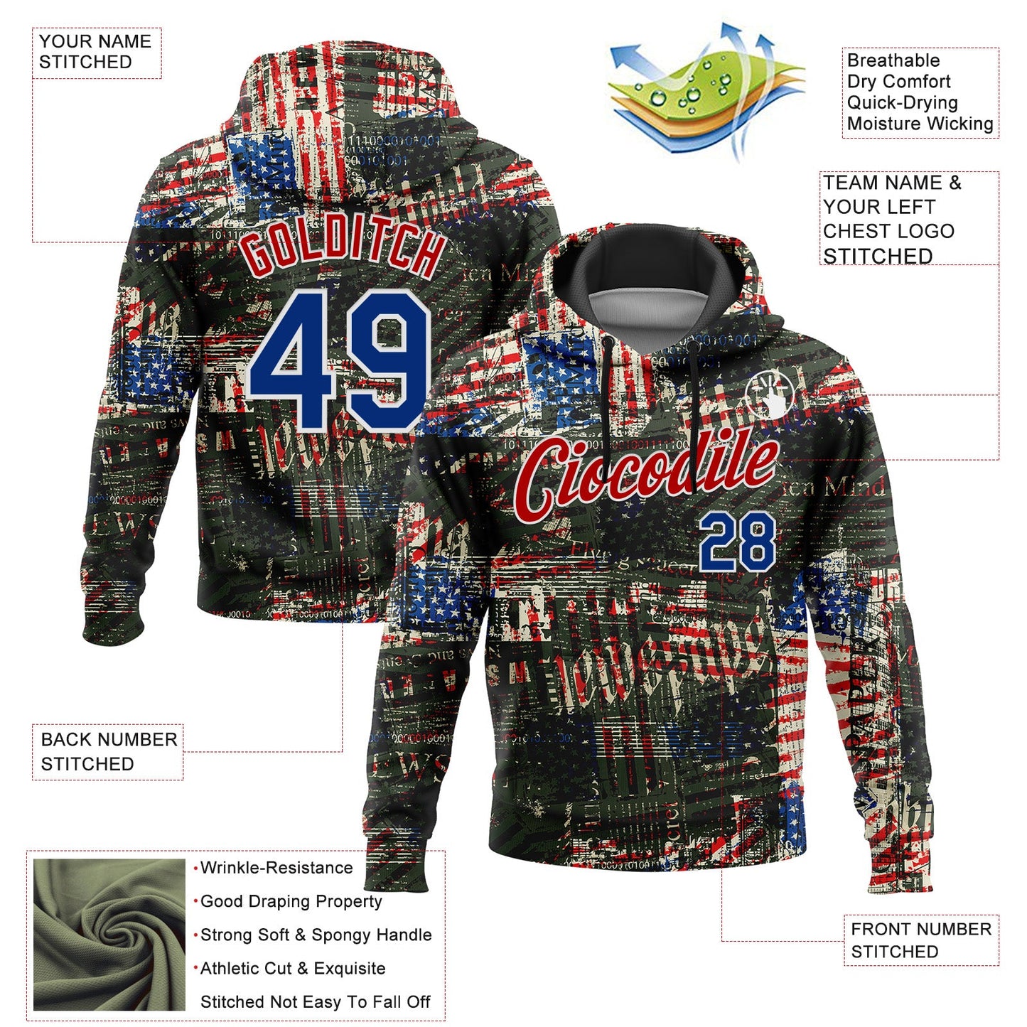 Custom Stitched Black Royal Red-White 3D American Flag Retro Distressed Grunge Sports Pullover Sweatshirt Hoodie view 2