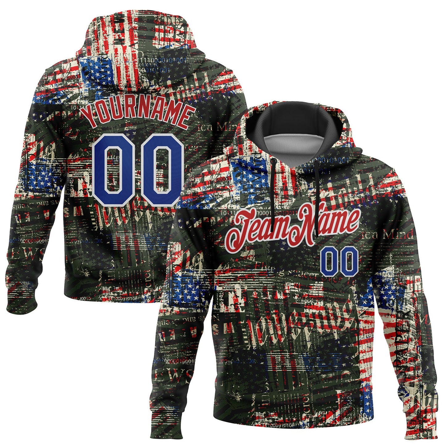 Custom Stitched Black Royal Red-White 3D American Flag Retro Distressed Grunge Sports Pullover Sweatshirt Hoodie - Main View