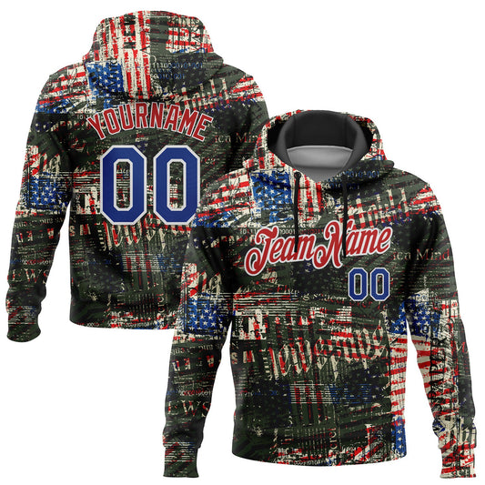 Custom Stitched Black Royal Red-White 3D American Flag Retro Distressed Grunge Sports Pullover Sweatshirt Hoodie - Main View