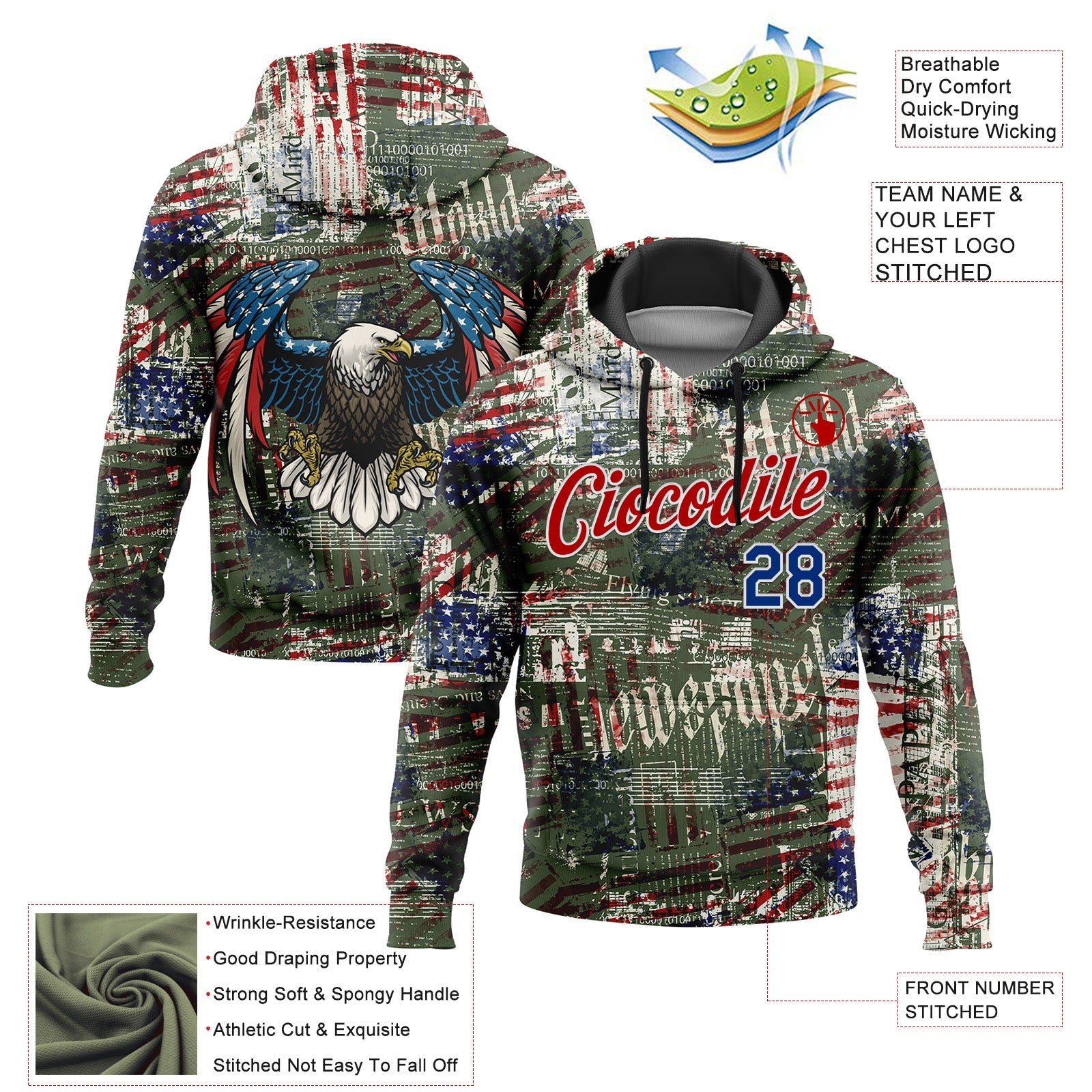 Custom Stitched Black Royal Red-White 3D American Flag Retro Distressed Grunge Sports Pullover Sweatshirt Hoodie view 2