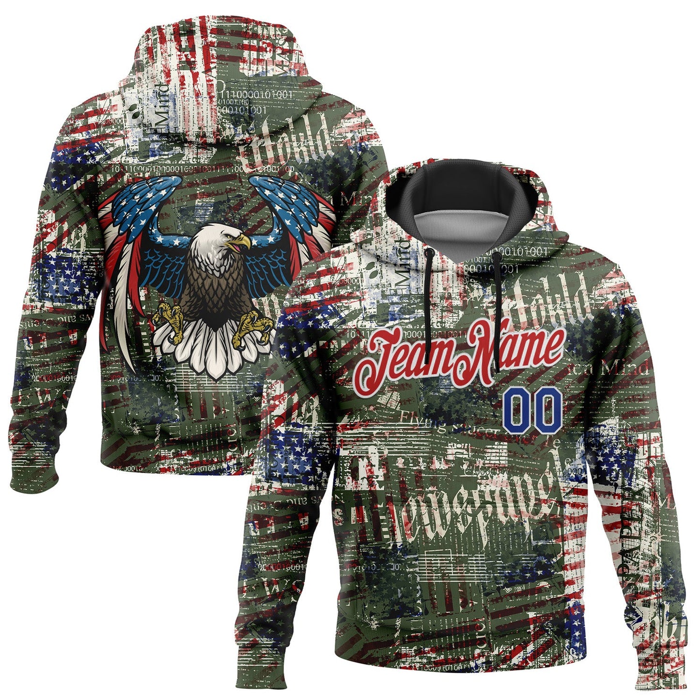 Custom Stitched Black Royal Red-White 3D American Flag Retro Distressed Grunge Sports Pullover Sweatshirt Hoodie - Main View