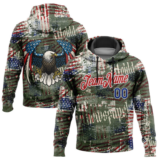 Custom Stitched Black Royal Red-White 3D American Flag Retro Distressed Grunge Sports Pullover Sweatshirt Hoodie - Main View