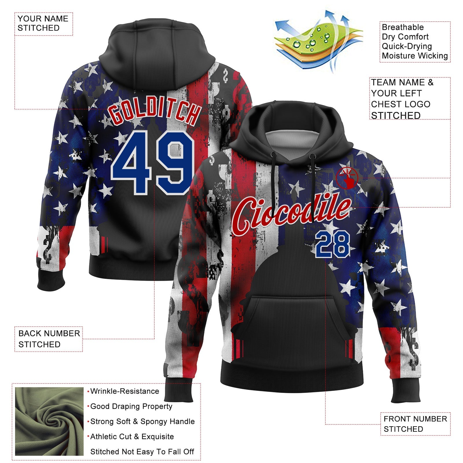 Custom Stitched Black Royal Red-White 3D American Flag Retro Distressed Grunge Sports Pullover Sweatshirt Hoodie view 2