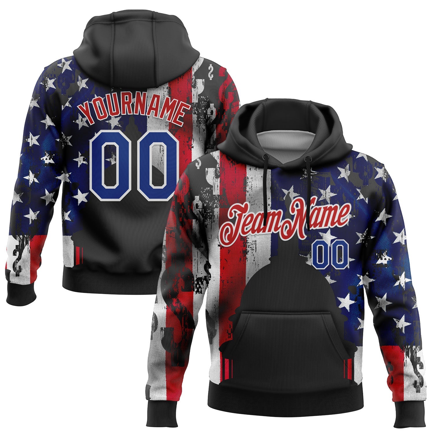 Custom Stitched Black Royal Red-White 3D American Flag Retro Distressed Grunge Sports Pullover Sweatshirt Hoodie - Main View