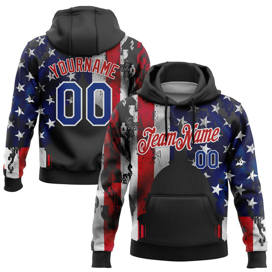 Custom Stitched Black Royal Red-White 3D American Flag Retro Distressed Grunge Sports Pullover Sweatshirt Hoodie - Main View
