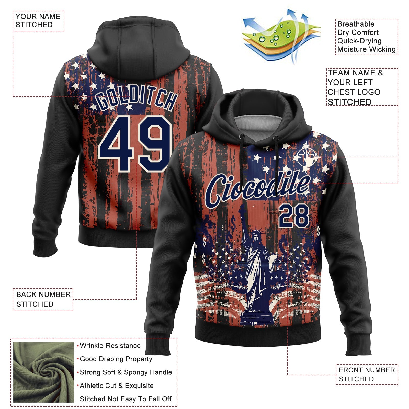 Custom Stitched Black Navy-Cream 3D American Flag Retro Distressed Statue of Liberty Grunge Sports Pullover Sweatshirt Hoodie view 2