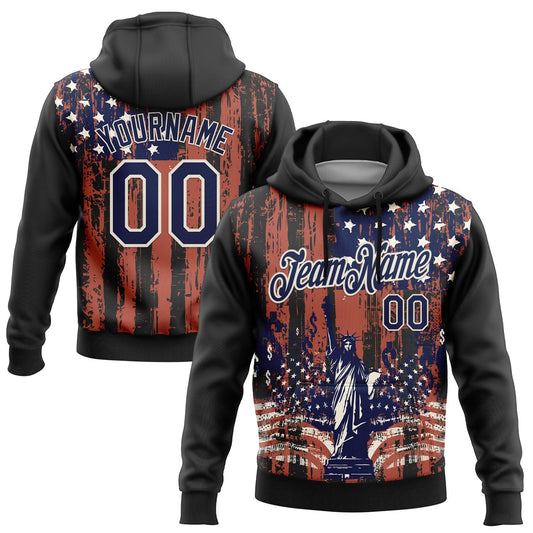 Custom Stitched Black Navy-Cream 3D American Flag Retro Distressed Statue of Liberty Grunge Sports Pullover Sweatshirt Hoodie - Main View