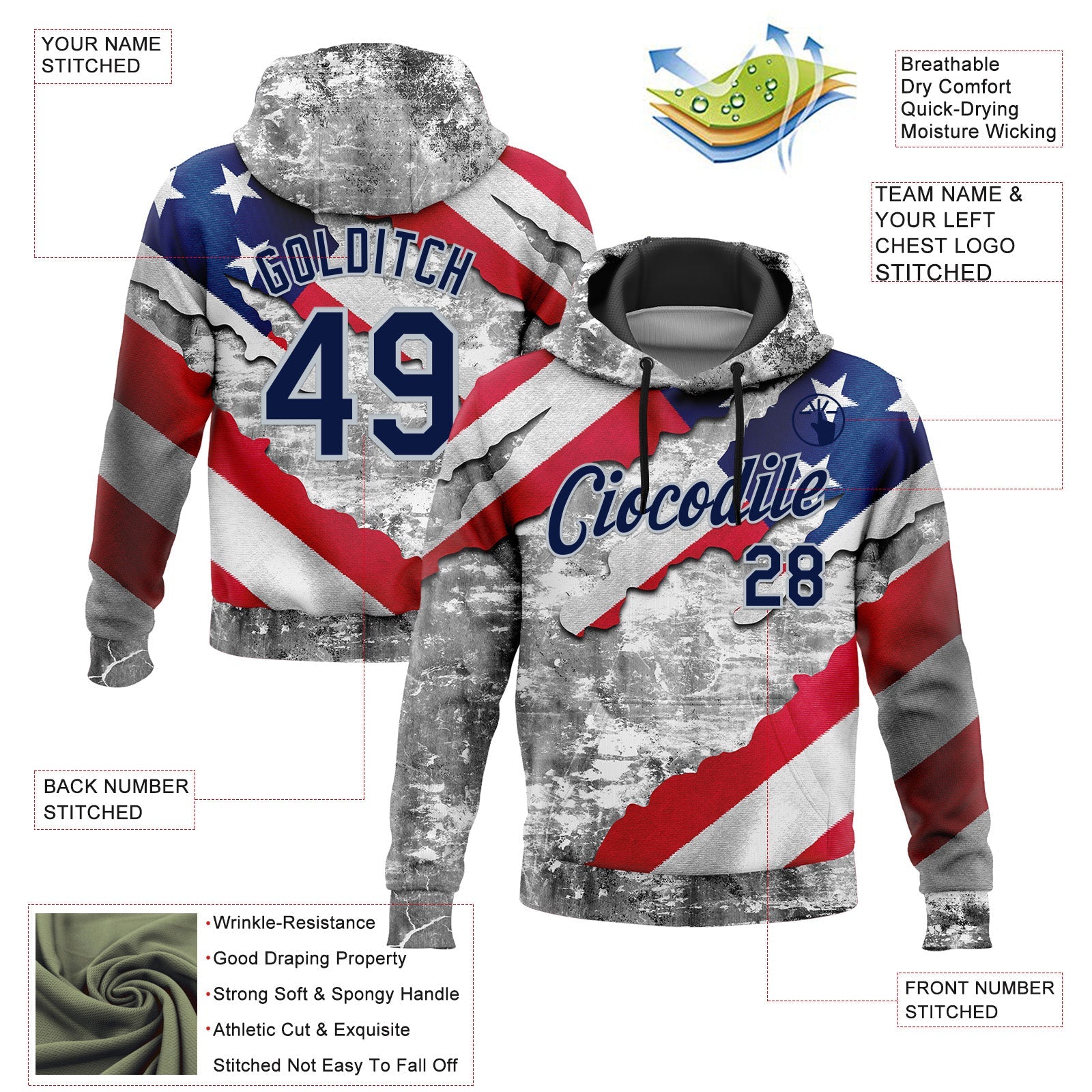Custom Stitched Gray Navy Red-Silver 3D American Flag Retro Distressed Grunge Sports Pullover Sweatshirt Hoodie view 2
