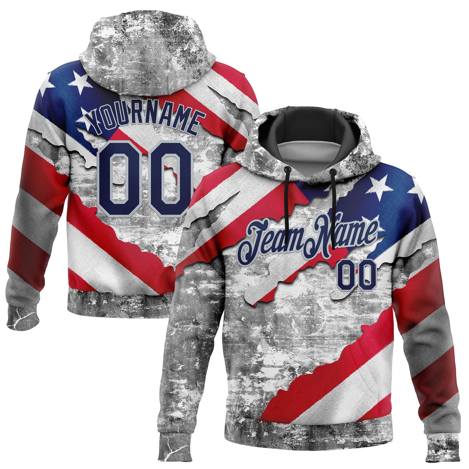 Custom Stitched Gray Navy Red-Silver 3D American Flag Retro Distressed Grunge Sports Pullover Sweatshirt Hoodie - Main View