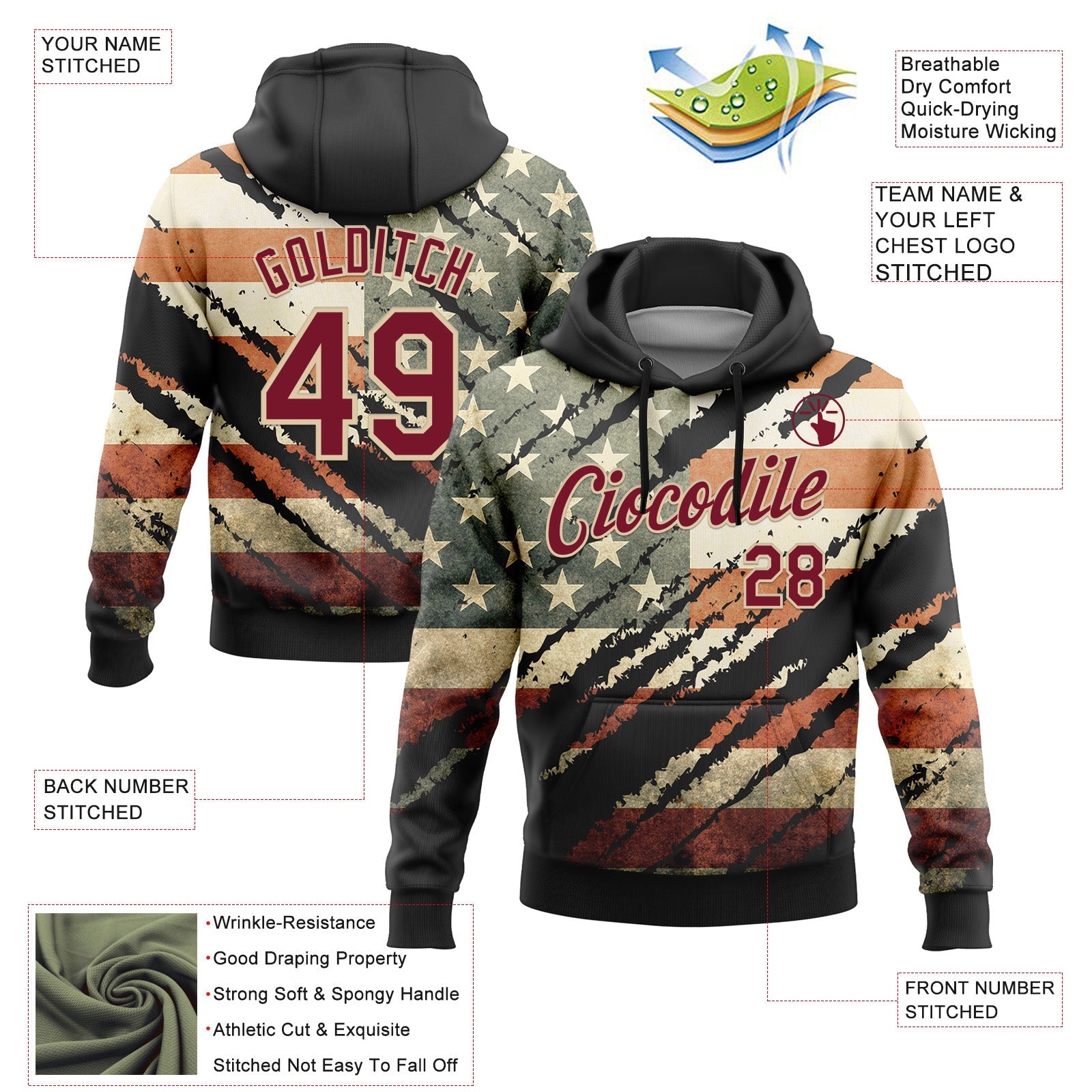 Custom Stitched Black Crimson-City Cream 3D American Flag Retro Distressed Grunge Sports Pullover Sweatshirt Hoodie view 2