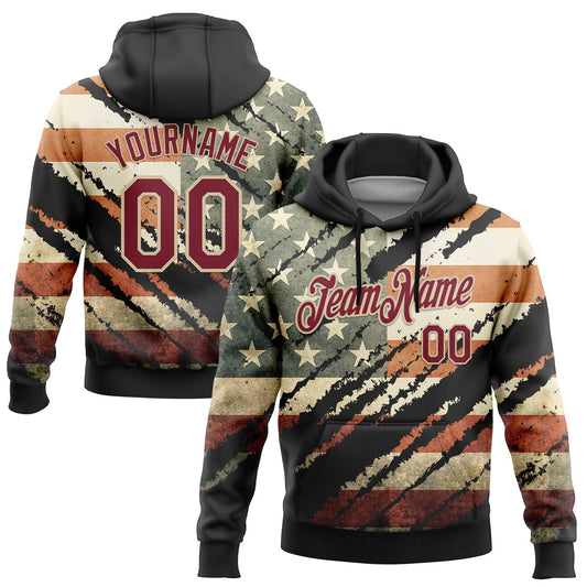 Custom Stitched Black Crimson-City Cream 3D American Flag Retro Distressed Grunge Sports Pullover Sweatshirt Hoodie - Main View