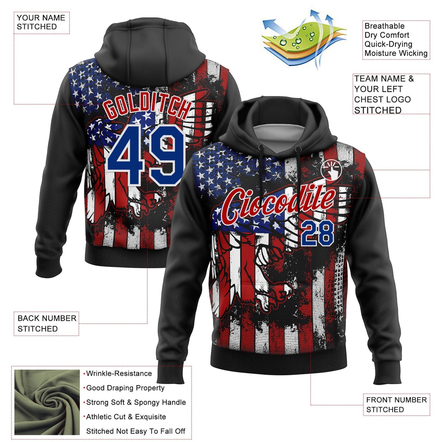 Custom Stitched Black Royal Red-White 3D American Flag Retro Distressed Eagle Grunge Sports Pullover Sweatshirt Hoodie view 2
