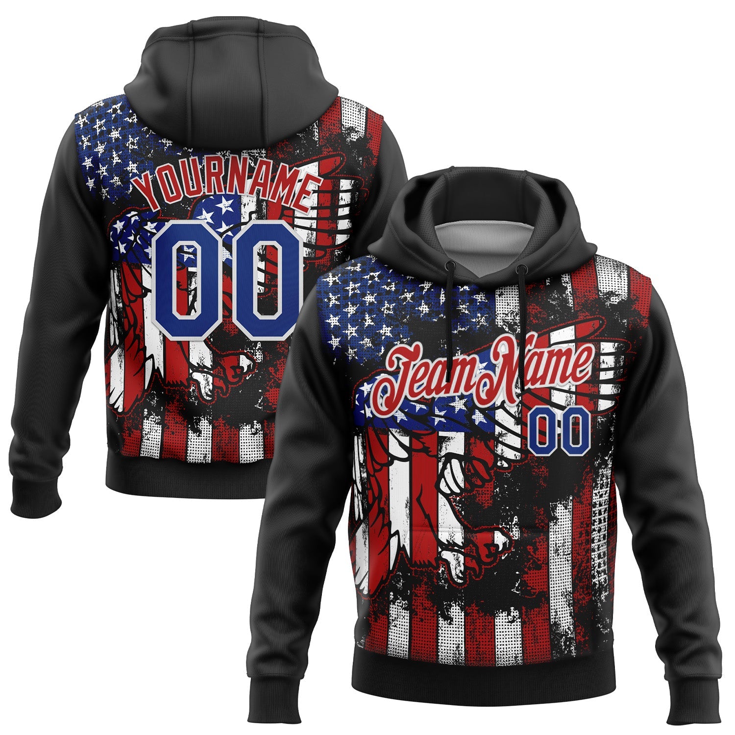 Custom Stitched Black Royal Red-White 3D American Flag Retro Distressed Eagle Grunge Sports Pullover Sweatshirt Hoodie - Main View