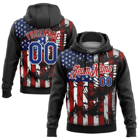 Custom Stitched Black Royal Red-White 3D American Flag Retro Distressed Eagle Grunge Sports Pullover Sweatshirt Hoodie - Main View