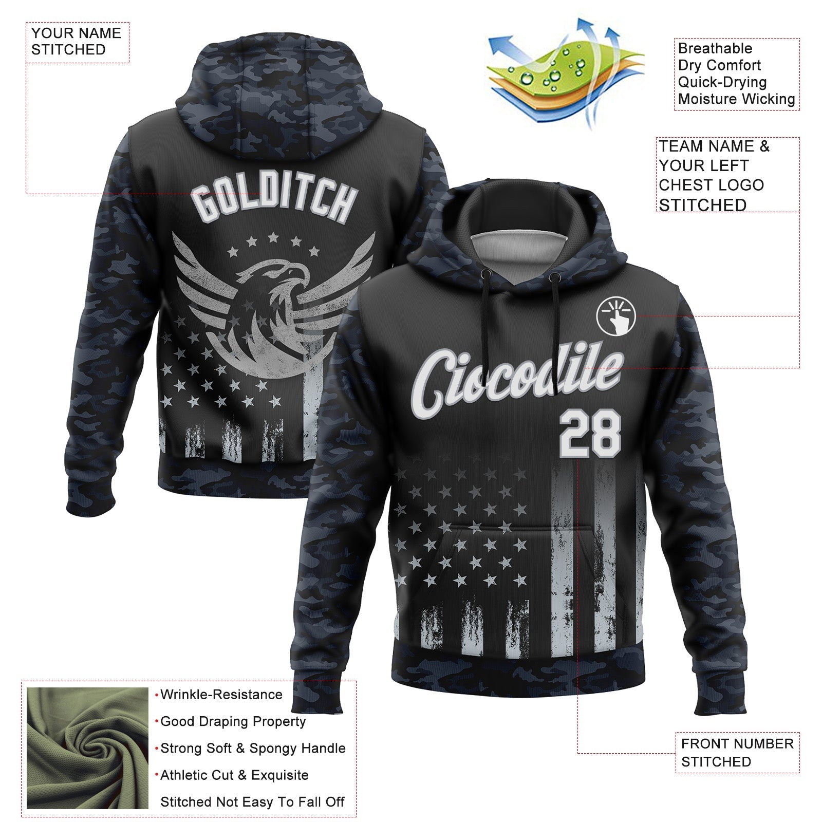 Custom Stitched Black White Camo-Gray 3D American Flag Retro Distressed Eagle Grunge Sports Pullover Sweatshirt Hoodie view 2
