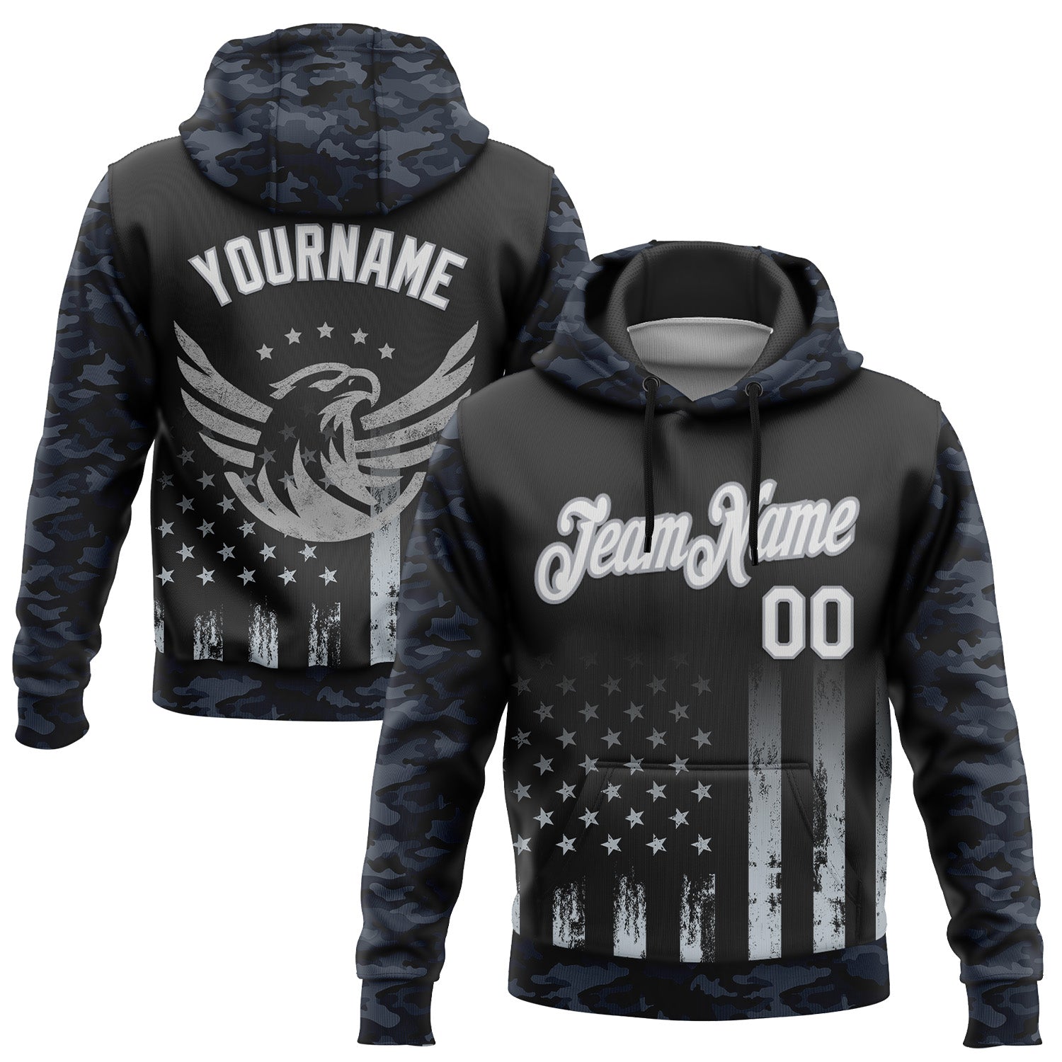Custom Stitched Black White Camo-Gray 3D American Flag Retro Distressed Eagle Grunge Sports Pullover Sweatshirt Hoodie - Main View