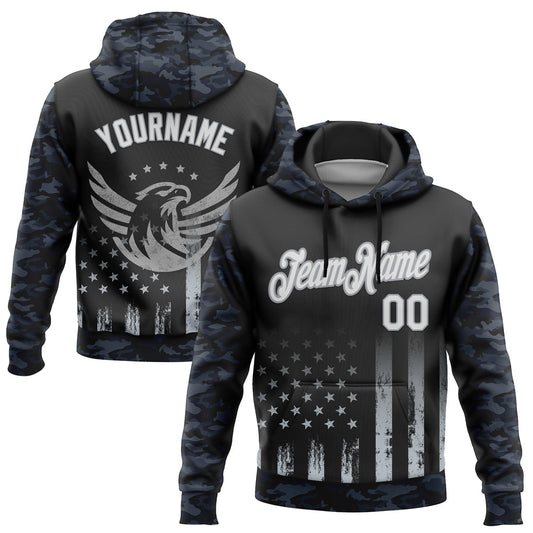 Custom Stitched Black White Camo-Gray 3D American Flag Retro Distressed Eagle Grunge Sports Pullover Sweatshirt Hoodie - Main View