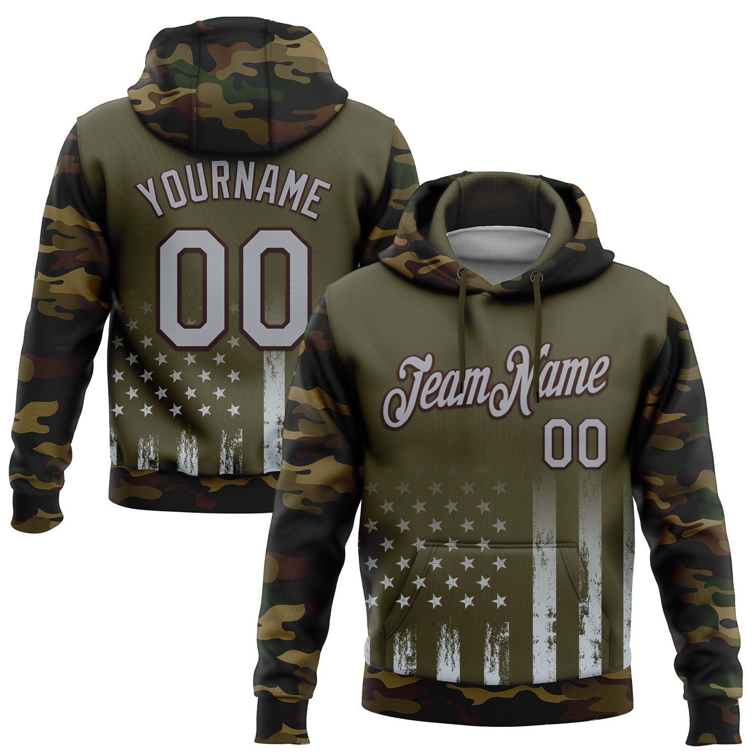 Custom Stitched Olive Gray Camo-Brown 3D American Flag Retro Distressed Grunge Salute To Service Sports Pullover Sweatshirt Hoodie - Main View