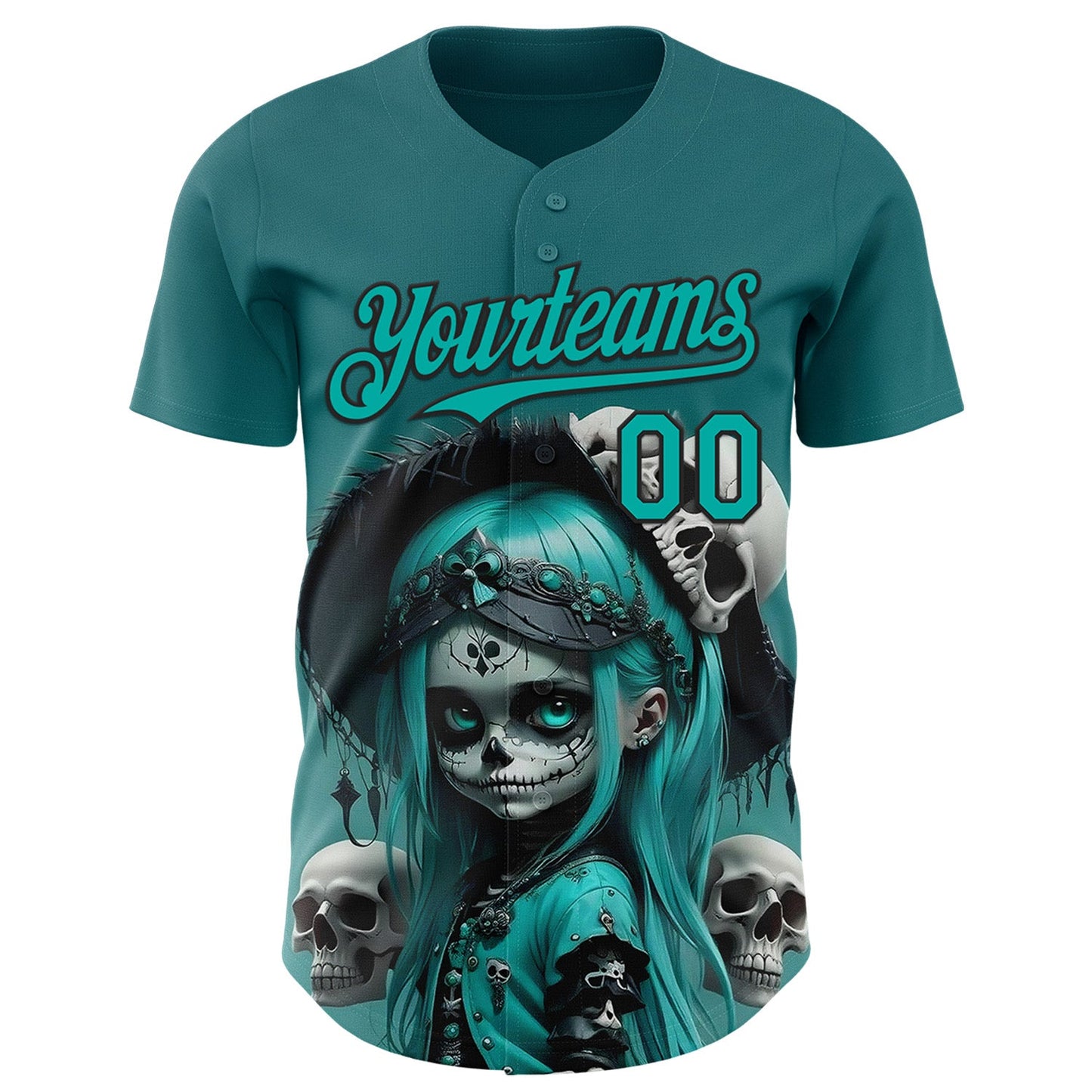 Custom Blue Aqua-Black 3D Halloween Spooky Skull Authentic Baseball Jersey view 2
