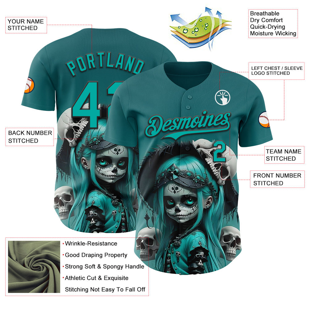 Custom Blue Aqua-Black 3D Halloween Spooky Skull Authentic Baseball Jersey view 3
