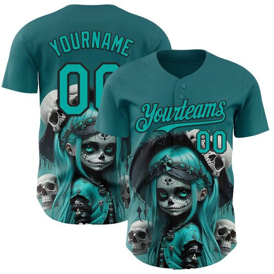Custom Blue Aqua-Black 3D Halloween Spooky Skull Authentic Baseball Jersey - Main View