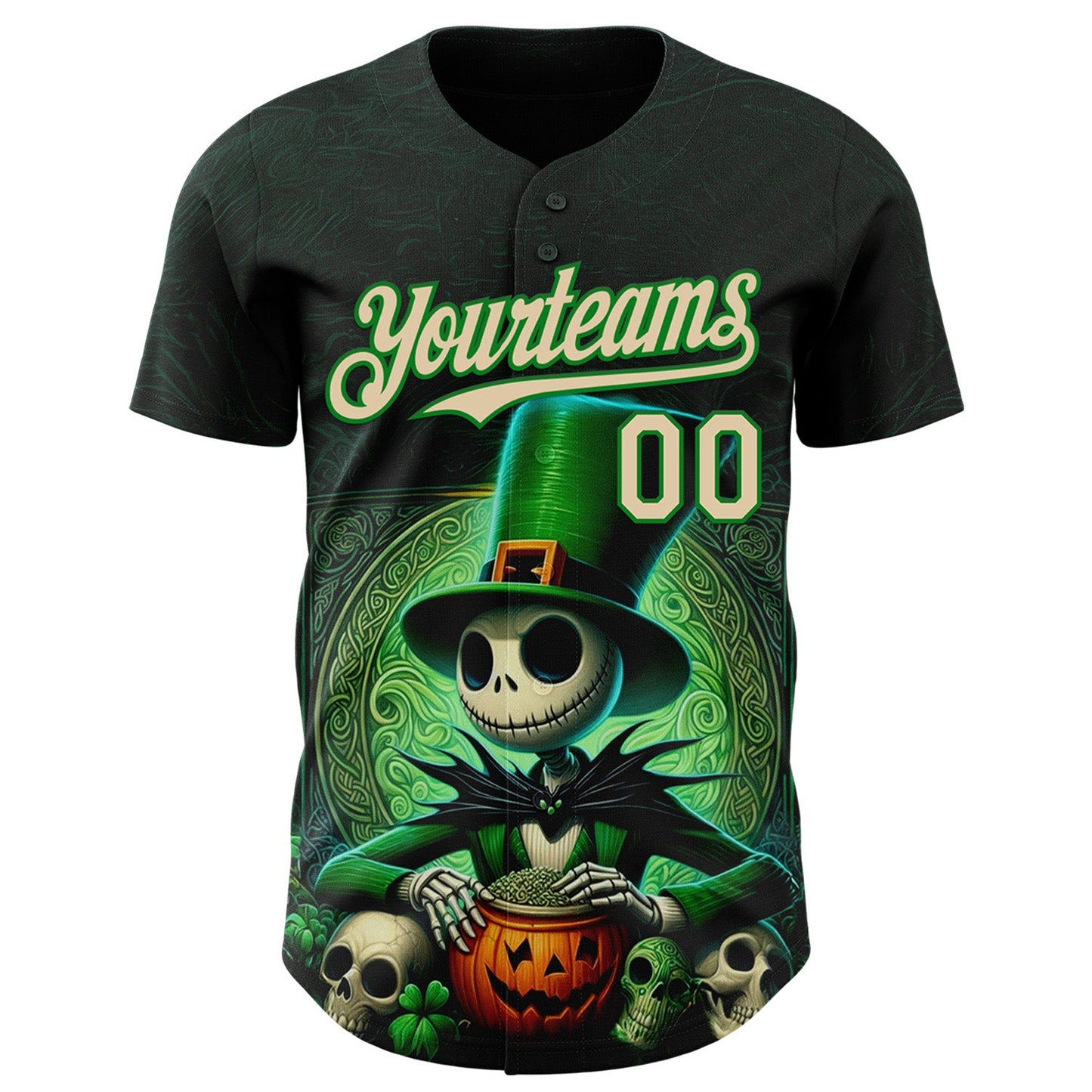 Custom Black City Cream-Grass Green 3D Halloween Spooky Pumpkin Authentic Baseball Jersey view 2