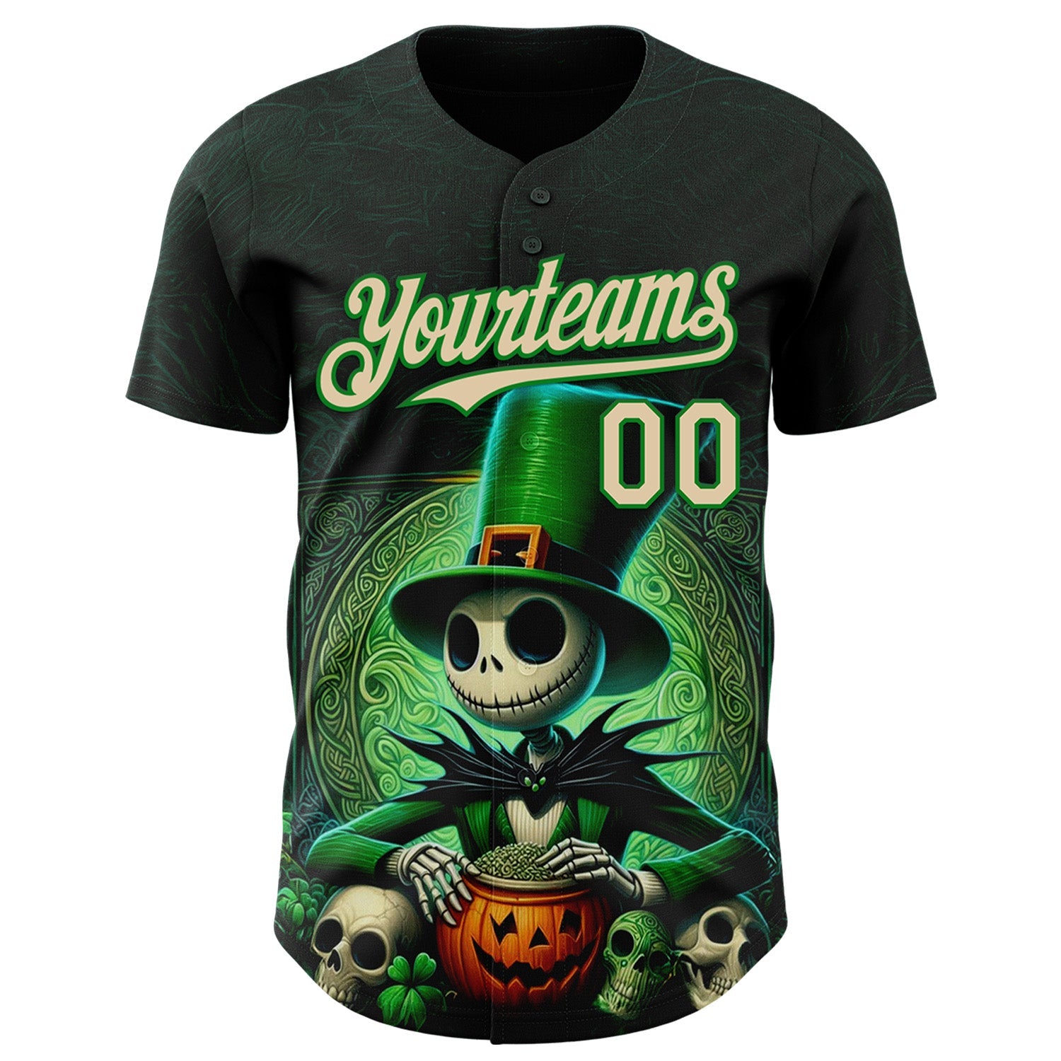 Custom Black City Cream-Grass Green 3D Halloween Spooky Pumpkin Authentic Baseball Jersey view 2