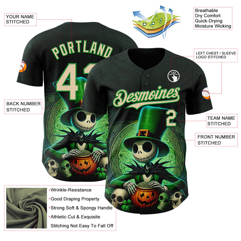 Custom Black City Cream-Grass Green 3D Halloween Spooky Pumpkin Authentic Baseball Jersey view 3