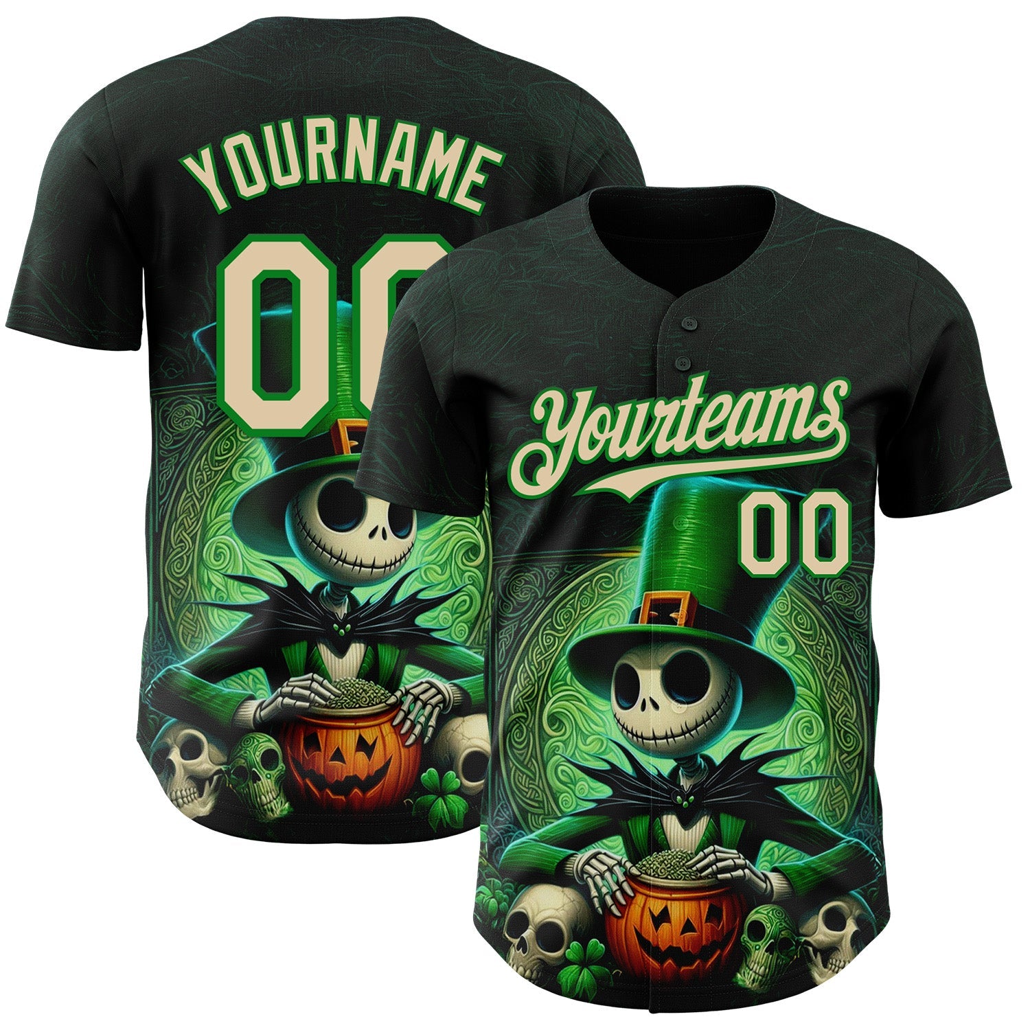 Custom Black City Cream-Grass Green 3D Halloween Spooky Pumpkin Authentic Baseball Jersey - Main View