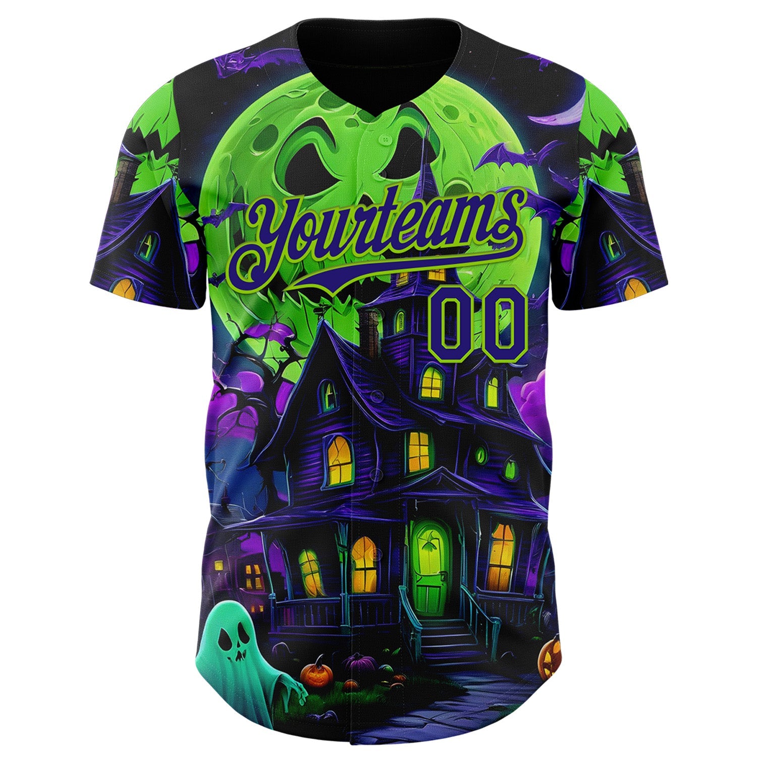 Custom Black Dark Purple-Neon Green 3D Halloween Spooky Pumpkin Bat Authentic Baseball Jersey view 2
