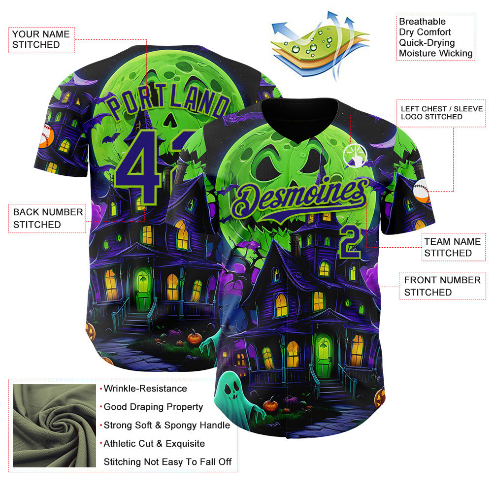 Custom Black Dark Purple-Neon Green 3D Halloween Spooky Pumpkin Bat Authentic Baseball Jersey view 3