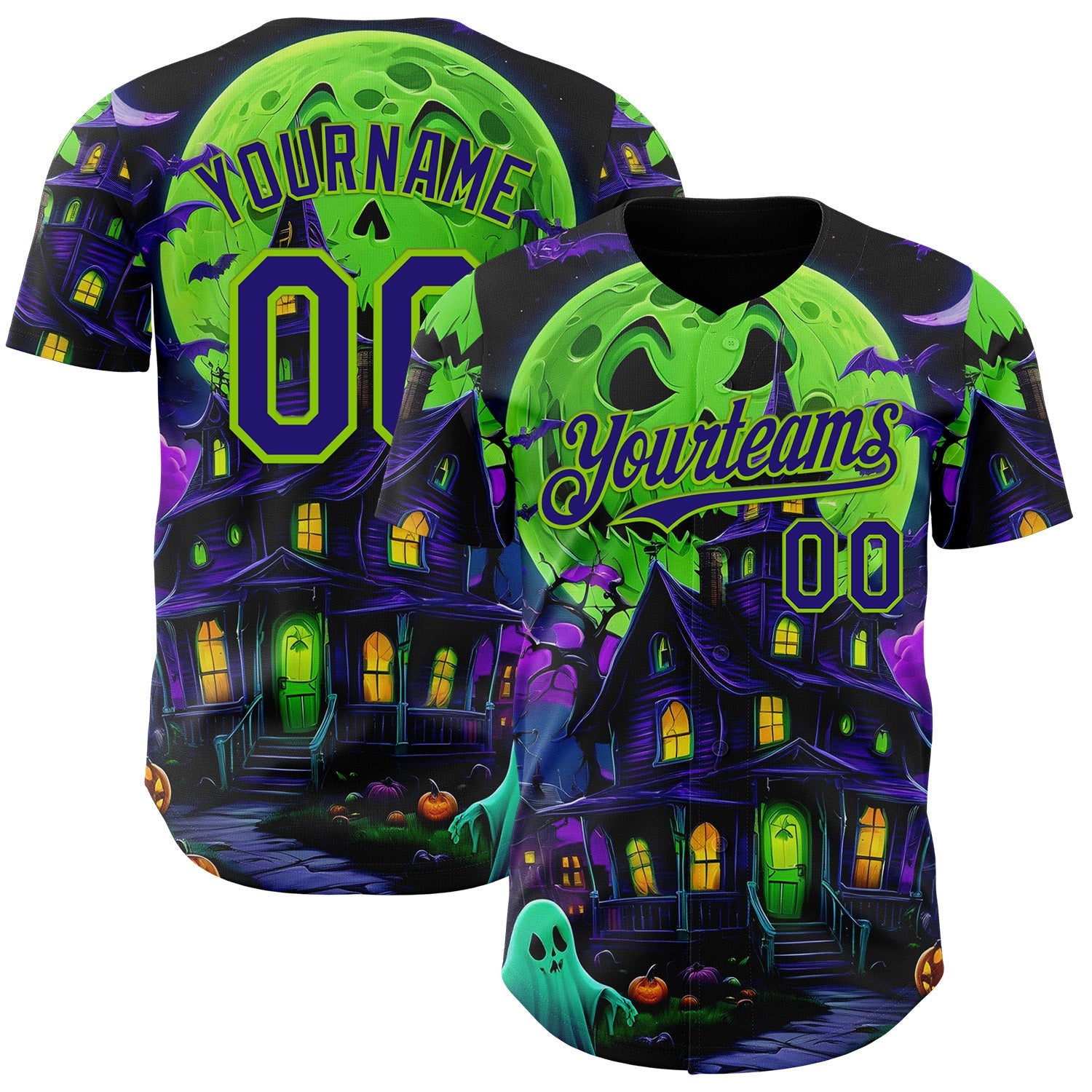 Custom Black Dark Purple-Neon Green 3D Halloween Spooky Pumpkin Bat Authentic Baseball Jersey - Main View