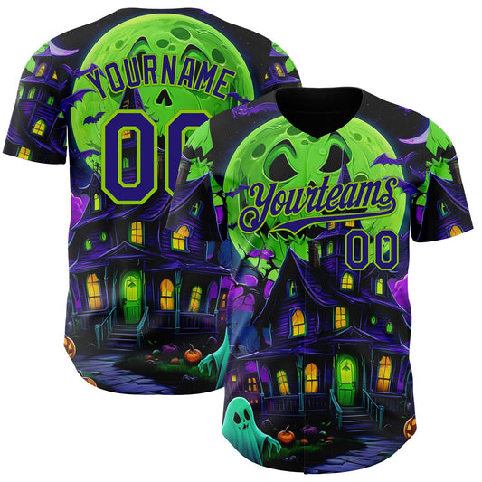 Custom Black Dark Purple-Neon Green 3D Halloween Spooky Pumpkin Bat Authentic Baseball Jersey - Main View