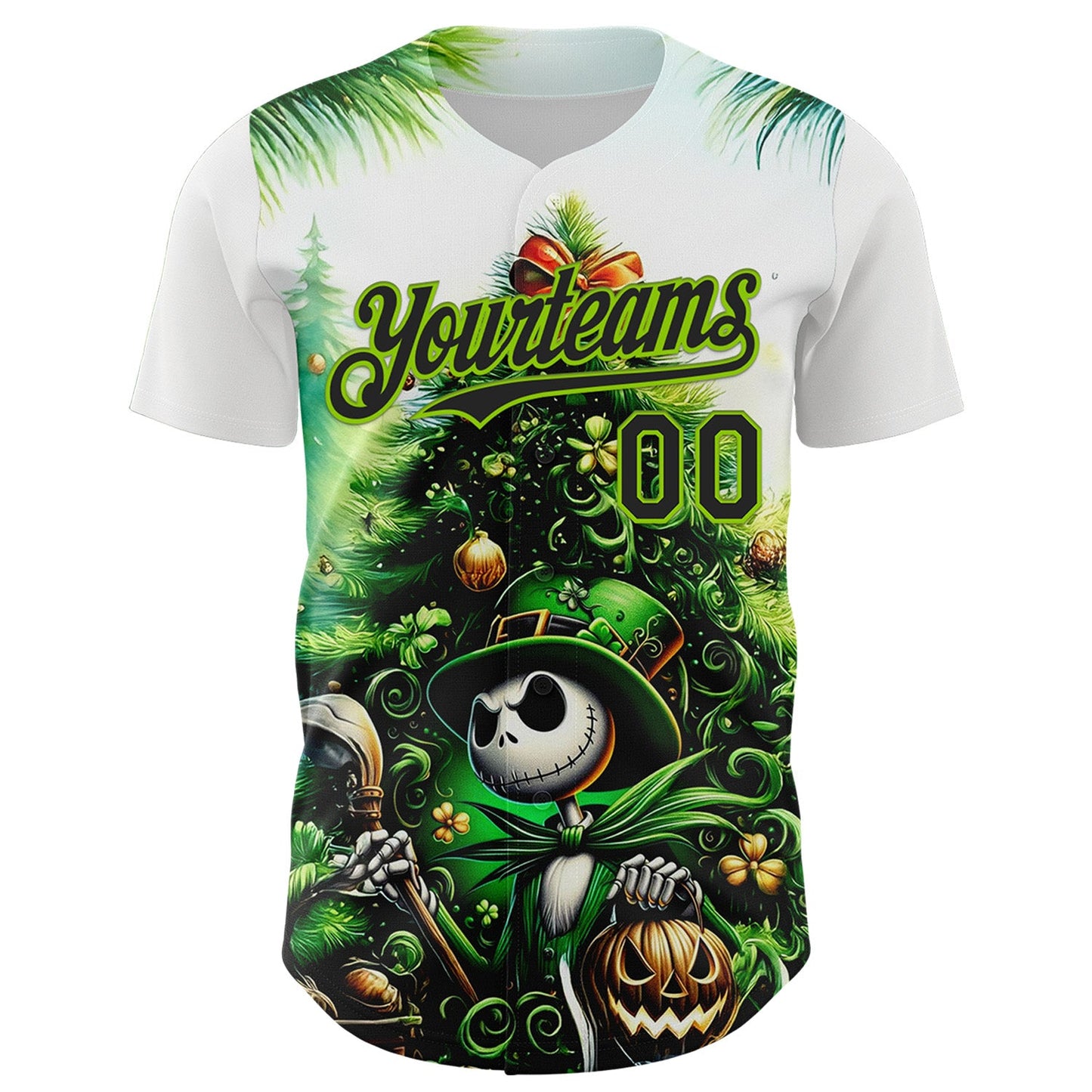 Custom White Black-Neon Green 3D Halloween Spooky Pumpkin Authentic Baseball Jersey view 2