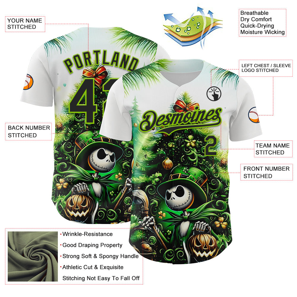 Custom White Black-Neon Green 3D Halloween Spooky Pumpkin Authentic Baseball Jersey view 3