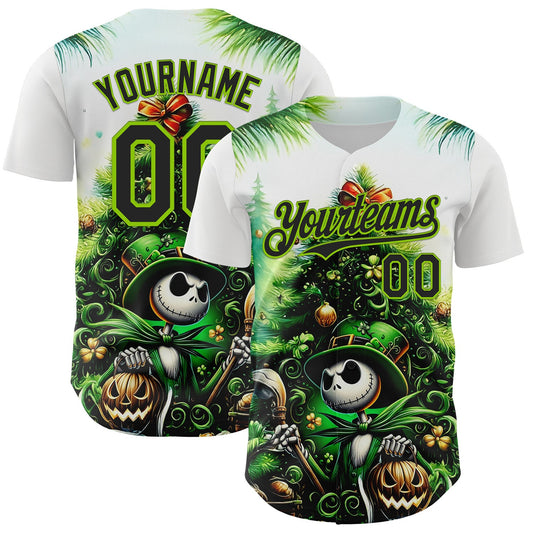 Custom White Black-Neon Green 3D Halloween Spooky Pumpkin Authentic Baseball Jersey - Main View