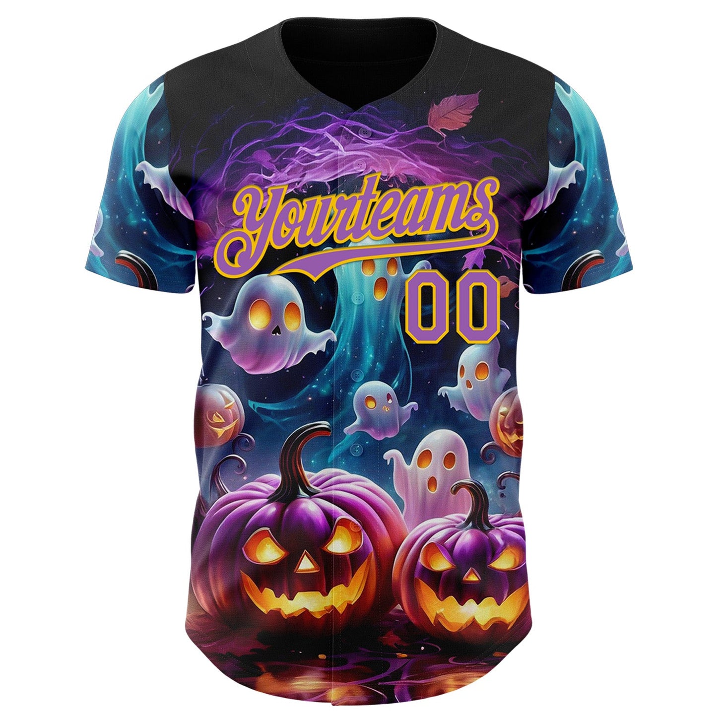 Custom Black Medium Purple-Yellow 3D Halloween Spooky Pumpkin Authentic Baseball Jersey view 2