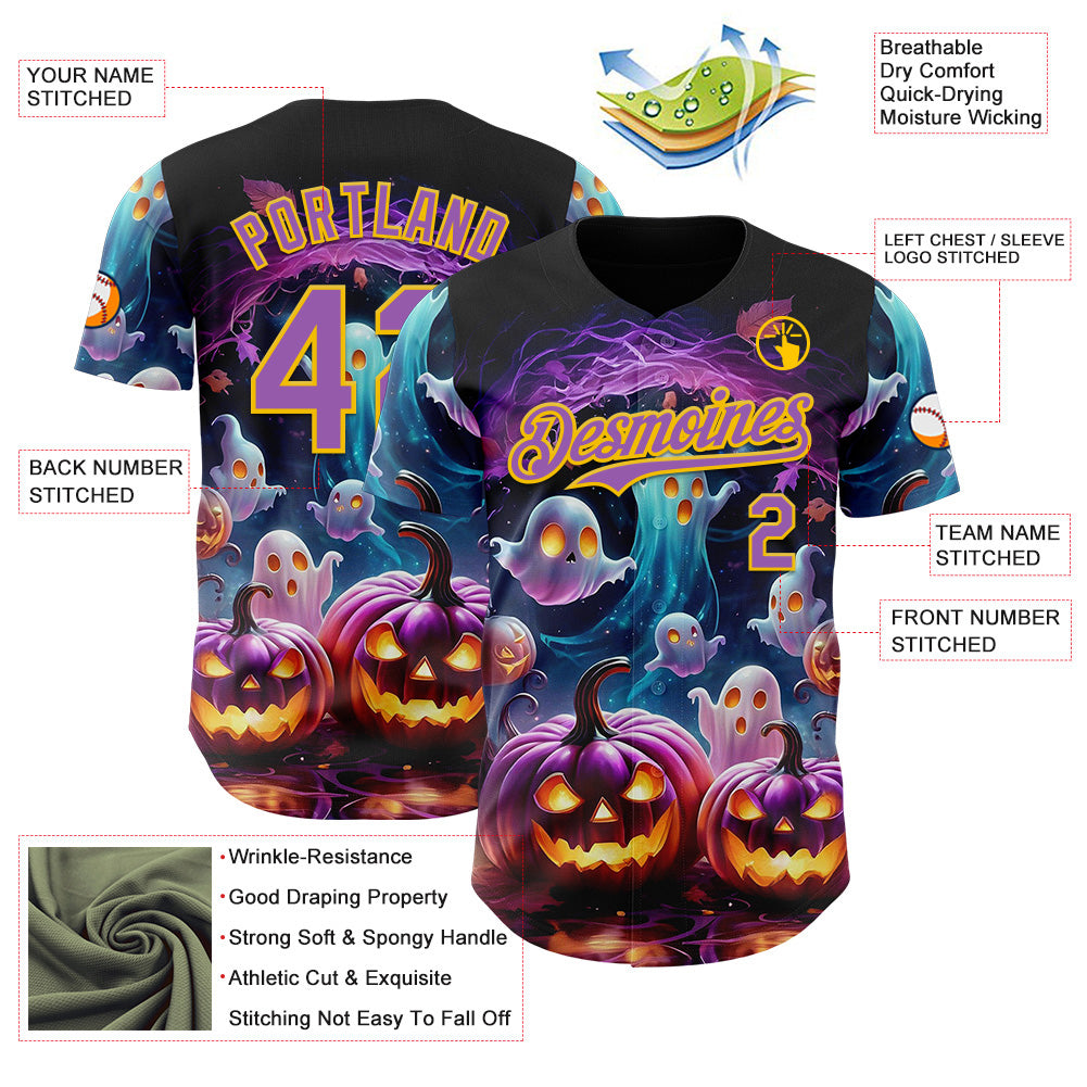 Custom Black Medium Purple-Yellow 3D Halloween Spooky Pumpkin Authentic Baseball Jersey view 3