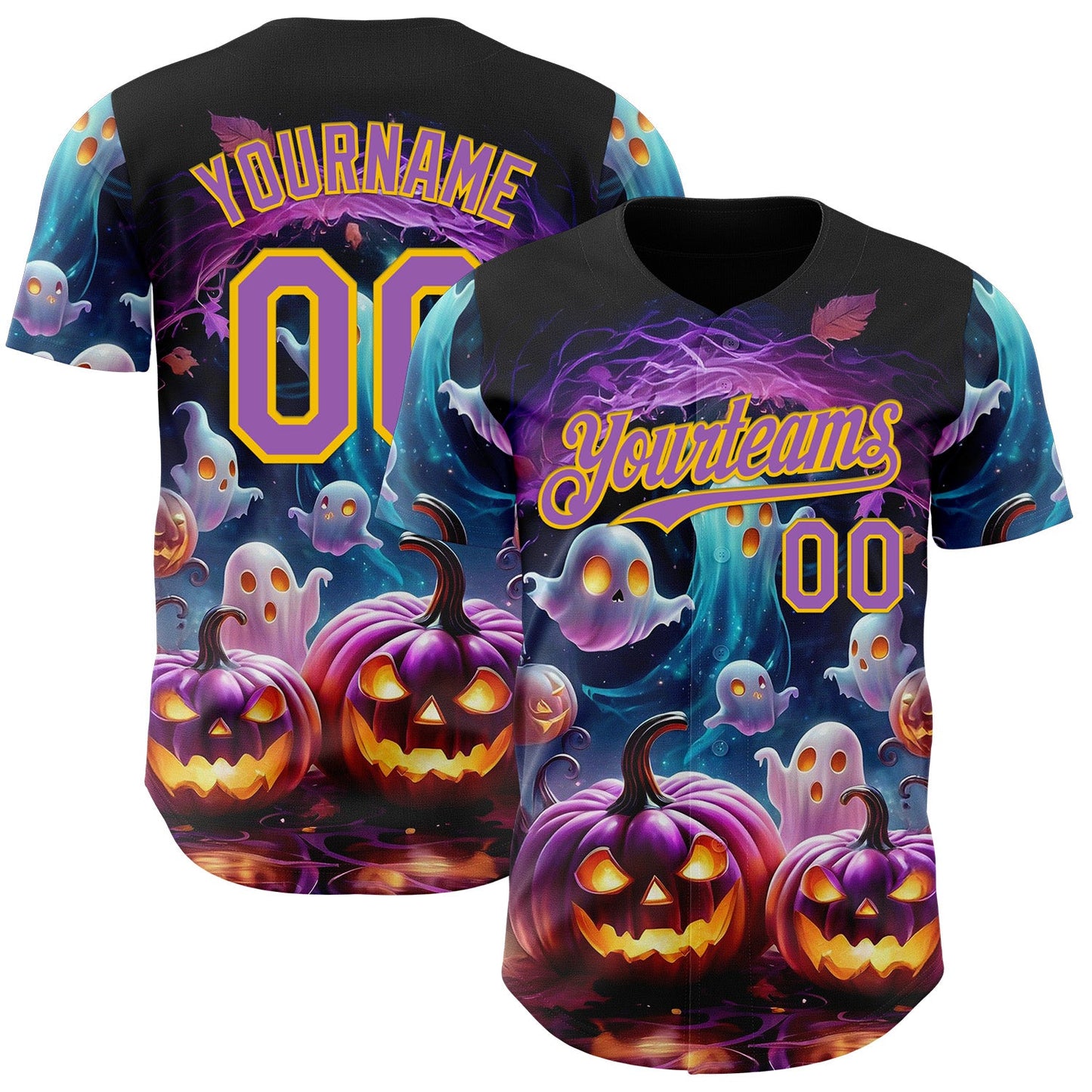 Custom Black Medium Purple-Yellow 3D Halloween Spooky Pumpkin Authentic Baseball Jersey - Main View