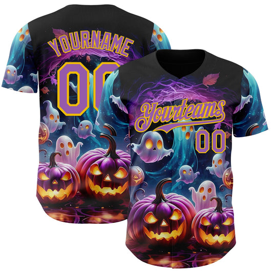 Custom Black Medium Purple-Yellow 3D Halloween Spooky Pumpkin Authentic Baseball Jersey - Main View