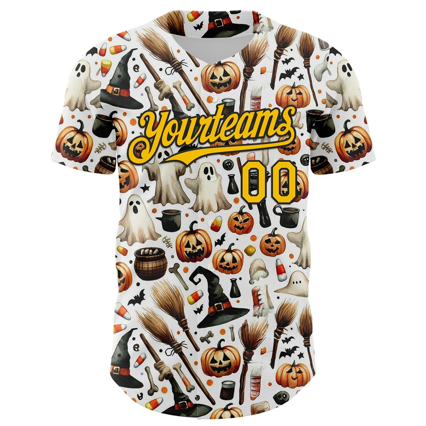 Custom White Yellow-Black 3D Halloween Spooky Pumpkin Authentic Baseball Jersey view 2